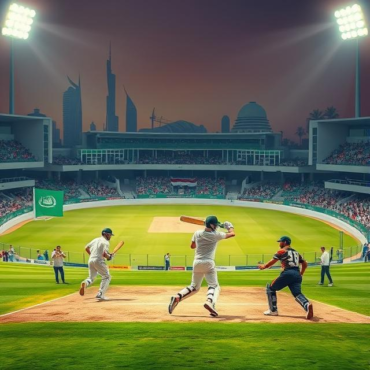 A thrilling cricket match set in Saudi Arabia, featuring players in action under bright stadium lights. The background showcases a modern cricket stadium with cheering fans, alongside iconic Saudi Arabian landmarks and palm trees. The atmosphere is electric, highlighting the rapid rise of cricket in the Kingdom and its growing popularity among local and expatriate communities.