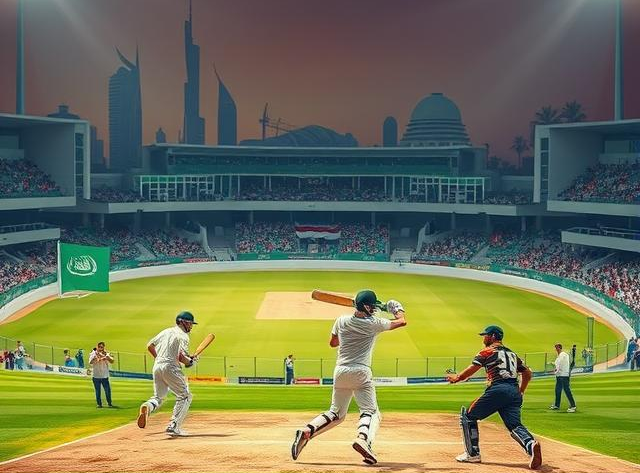 A thrilling cricket match set in Saudi Arabia, featuring players in action under bright stadium lights. The background showcases a modern cricket stadium with cheering fans, alongside iconic Saudi Arabian landmarks and palm trees. The atmosphere is electric, highlighting the rapid rise of cricket in the Kingdom and its growing popularity among local and expatriate communities.